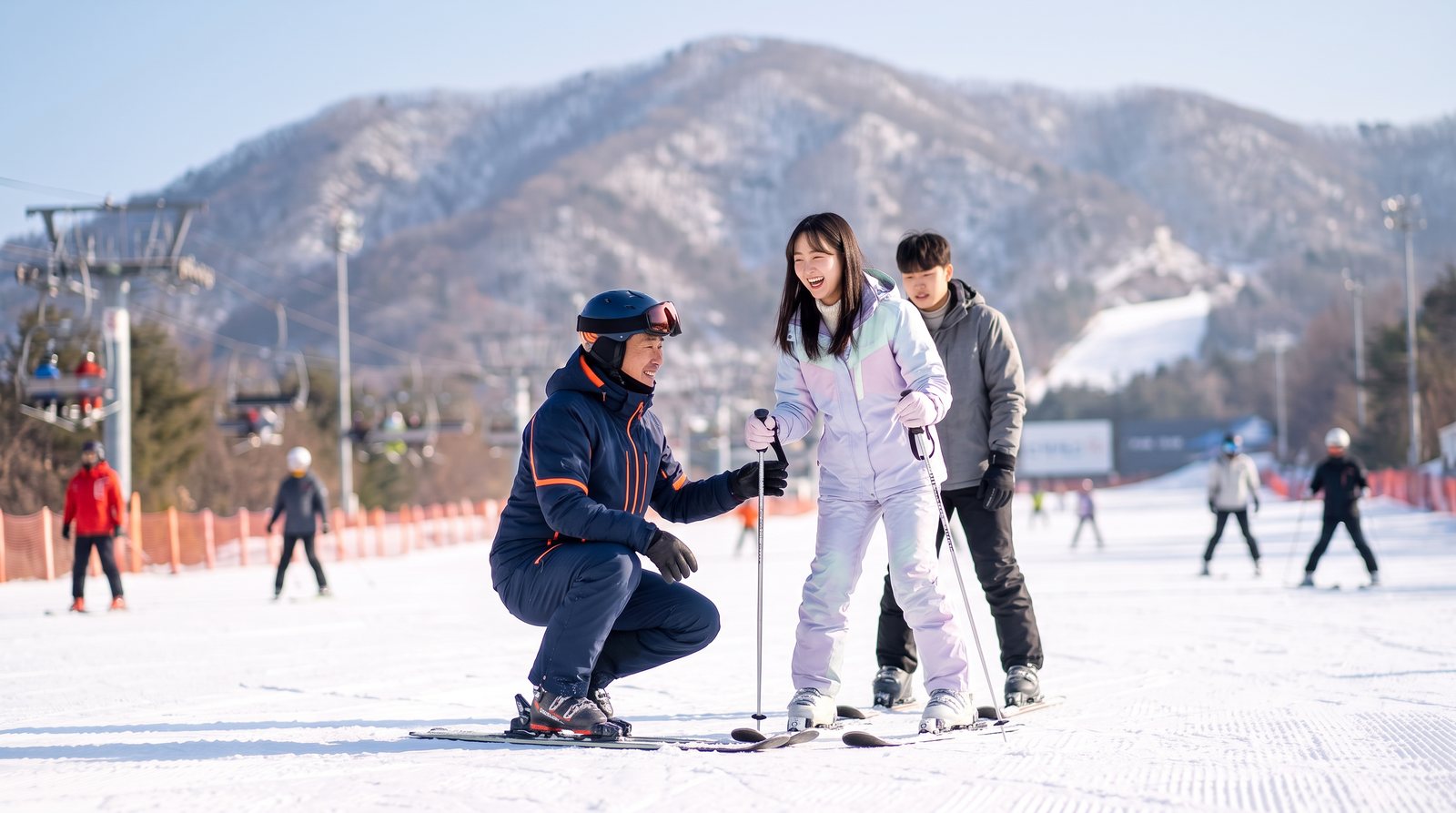 강사가 스키 입문자의 자세를 잡아 주는 강습 장면